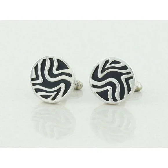 Men's Sterling Silver and Black Bullet Back Cufflinks - Picture 4 of 6